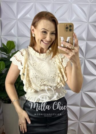 Blusa Lesie De Algodão Manga Babadinho Lastex Na Cintura Helena - Manteiga - Milla Chic