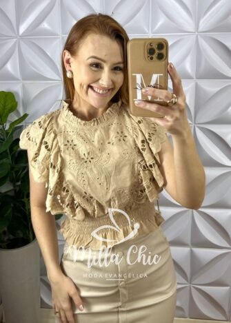 Blusa Lesie De Algodão Manga Babadinho Lastex Na Cintura Helena - Manteiga - Milla Chic