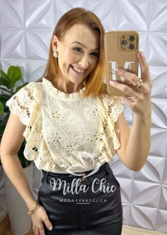 Blusa Lesie De Algodão Manga Babadinho Lastex Na Cintura Helena - Manteiga - Milla Chic