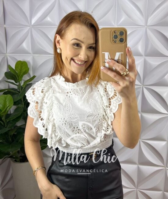 Blusa Lesie De Algodão Manga Babadinho Lastex Na Cintura Helena - Manteiga - Milla Chic