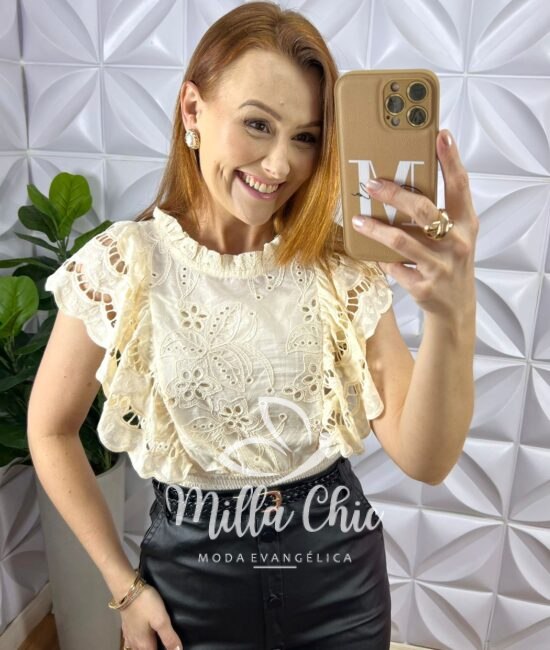 Blusa Lesie De Algodão Manga Babadinho Lastex Na Cintura Helena - Manteiga - Milla Chic