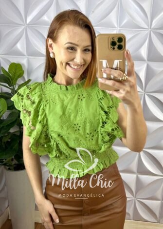 Blusa Lesie De Algodão Manga Babadinho Lastex Na Cintura Helena - Manteiga - Milla Chic