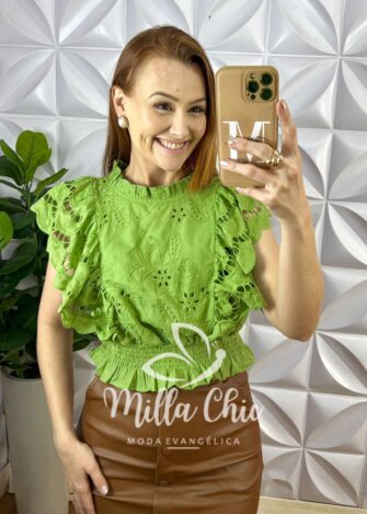 Blusa Lesie De Algodão Manga Babadinho Lastex Na Cintura Helena - Manteiga - Milla Chic
