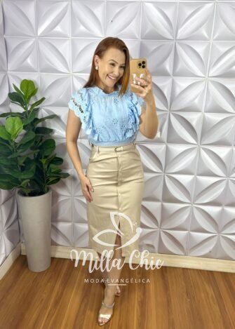 Blusa Lesie De Algodão Manga Babadinho Lastex Na Cintura Helena - Azul - Milla Chic