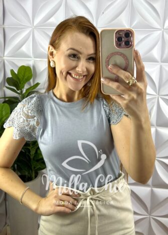 Blusa Malha De Algodão Manga De Guipper Giovane - Cinza - Milla Chic