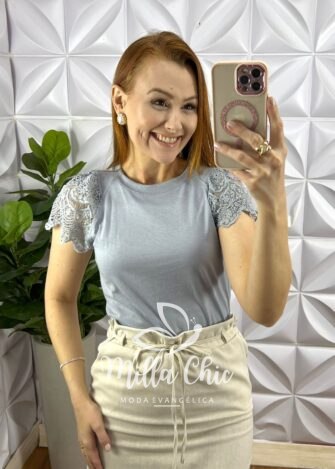 Blusa Malha De Algodão Manga De Guipper Giovane - Cinza - Milla Chic