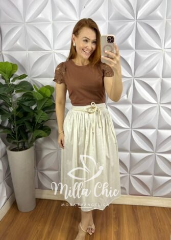 Blusa Malha De Algodão Manga De Guipper Giovane - Marrom - Milla Chic