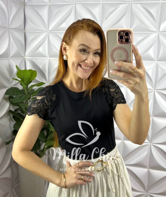 Blusa Malha De Algodão Manga De Guipper Giovane - Preta - Milla Chic