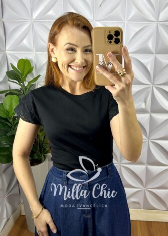 Blusa Malha De Algodão Manga De Leise Sirlei - Preta - Milla Chic