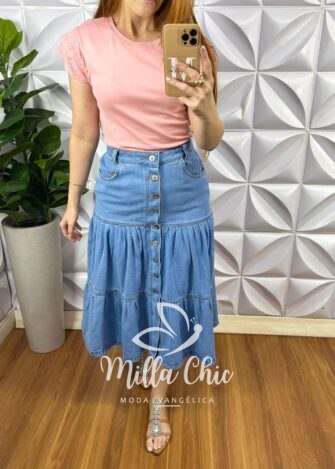 Blusa Malha De Algodão Manga De Leise Sirlei - Rosa - Milla Chic