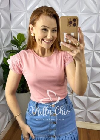 Blusa Malha De Algodão Manga De Leise Sirlei - Rosa - Milla Chic