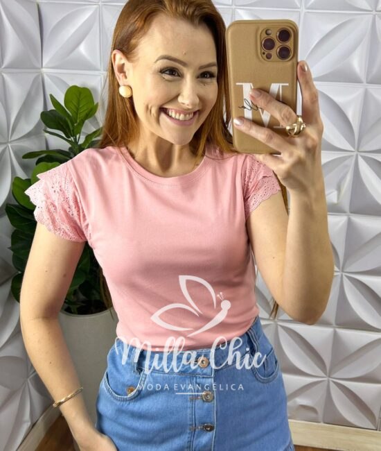 Blusa Malha De Algodão Manga De Leise Sirlei - Rosa - Milla Chic