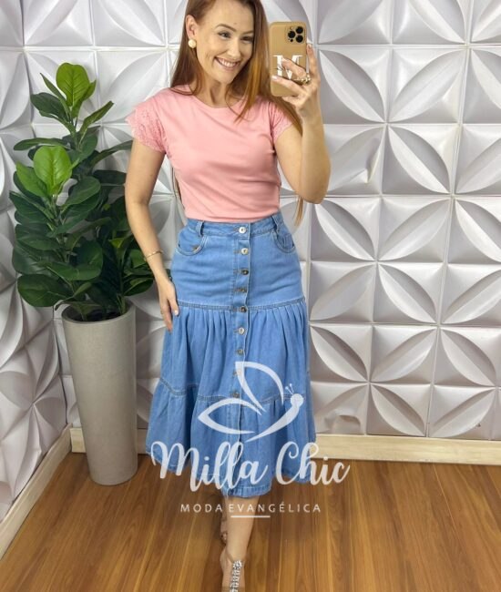 Blusa Malha De Algodão Manga De Leise Sirlei - Rosa - Milla Chic