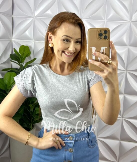 Blusa Malha De Algodão Manga De Leise Sirlei - Cinza - Milla Chic