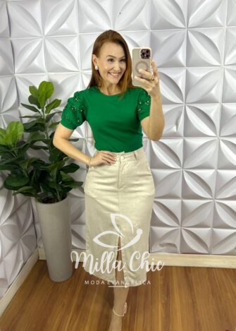 Blusa Malha De Algodão Manga De Lesie Aurea - Verde - Milla Chic