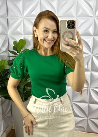 Blusa Malha De Algodão Manga De Lesie Aurea - Verde - Milla Chic