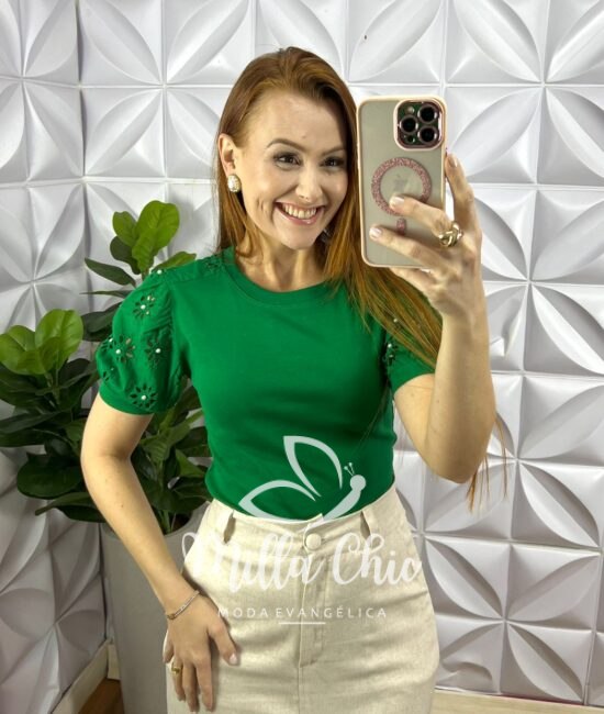 Blusa Malha De Algodão Manga De Lesie Aurea - Verde - Milla Chic