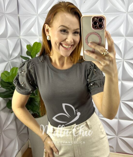 Blusa Malha De Algodão Manga De Lesie Aurea - Cinza - Milla Chic