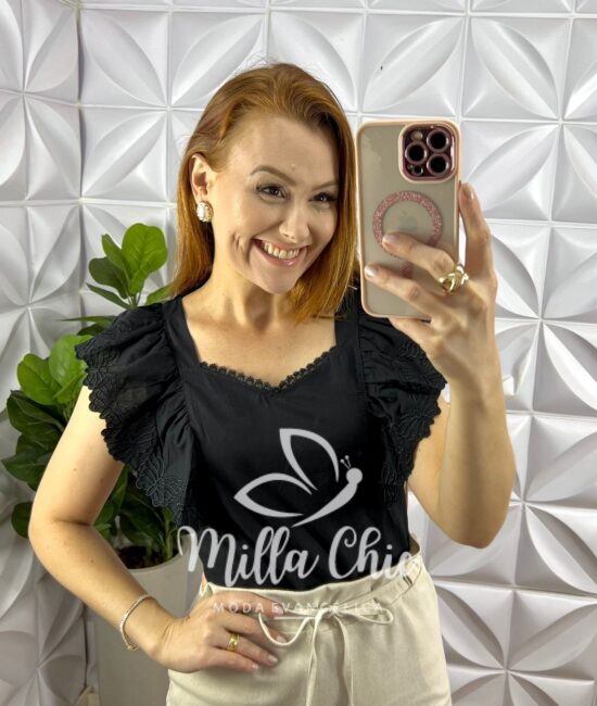 Blusa Tricoline 100% Algodão Com Manga Bordada Baby - Preto - Milla Chic