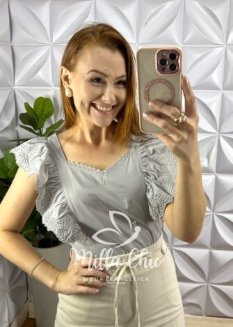 Blusa Tricoline 100% Algodão Com Manga Bordada Baby - Cinza - Milla Chic