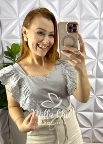Blusa Tricoline 100% Algodão Com Manga Bordada Baby - Cinza - Milla Chic