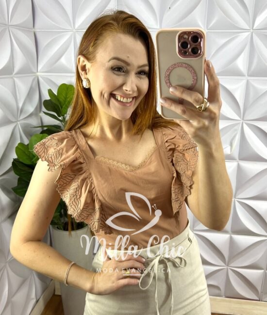 Blusa Tricoline 100% Algodão Com Manga Bordada Baby - Nude - Milla Chic