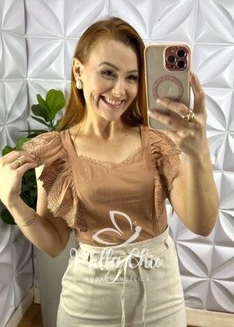 Blusa Tricoline 100% Algodão Com Manga Bordada Baby - Nude - Milla Chic