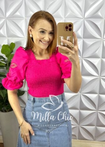 Blusa Tricoline De Lastex Com Manga Bordada De Richelieu Laura - Pink - Milla Chic