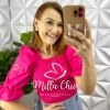 Blusa Tricoline De Lastex Com Manga Bordada De Richelieu Laura - Pink - Milla Chic