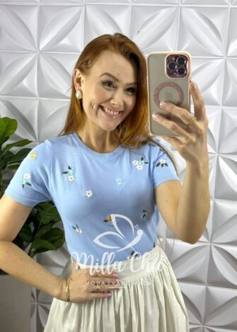 Blusa Tricot Modal Com Bordados Flora - Azul - Milla Chic