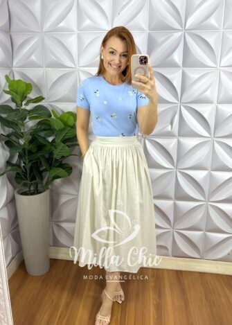 Blusa Tricot Modal Com Bordados Flora - Azul - Milla Chic