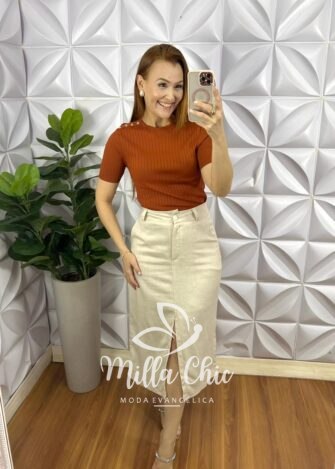 Blusa Tricot Modal Com Botoes Dourados No Ombro Marcele - Terra Cota - Milla Chic