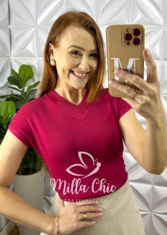 Blusa Tricot Modal Com Gola Marcada Gisele - Cereja - Milla Chic