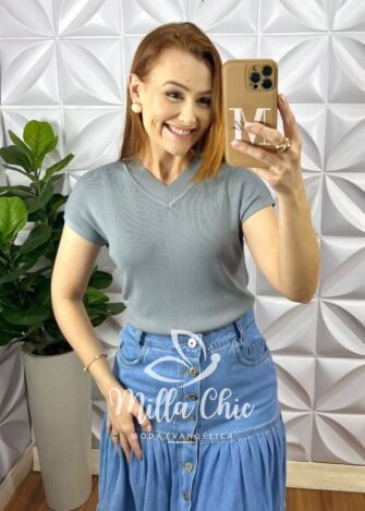 Blusa Tricot Modal Com Gola Marcada Gisele - Cinza - Milla Chic