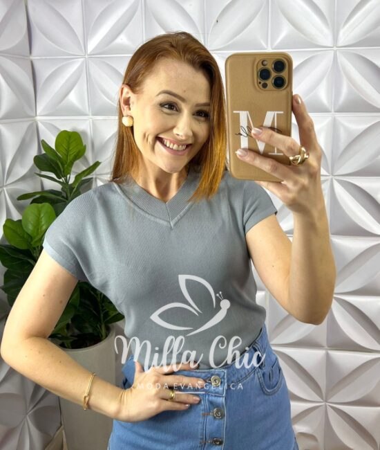 Blusa Tricot Modal Com Gola Marcada Gisele - Cinza - Milla Chic