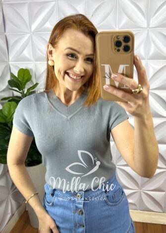 Blusa Tricot Modal Com Gola Marcada Gisele - Cinza - Milla Chic