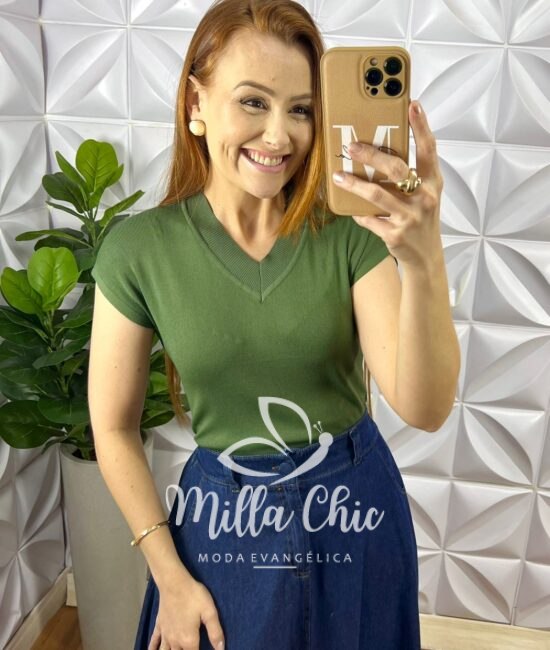 Blusa Tricot Modal Com Gola Marcada Gisele - Verde - Milla Chic