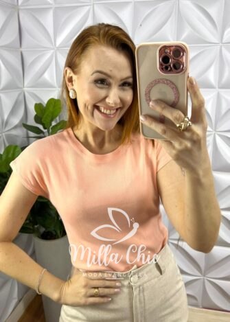 Blusa Tricot Modal Com Manga Musclee Roberta - Pêssego - Milla Chic