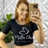 Blusa Tricot Modal Gola U Com Colar Corrente Dourada Estilo Crooped Larissa - Preto - Milla Chic