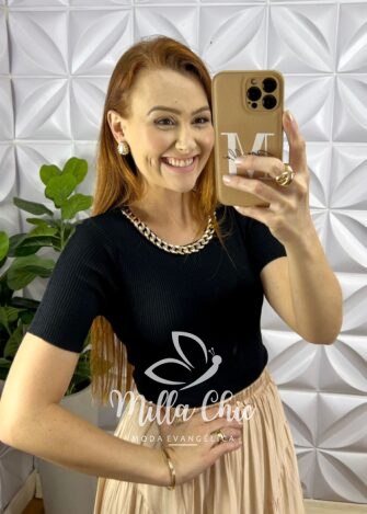 Blusa Tricot Modal Gola U Com Colar Corrente Dourada Estilo Crooped Larissa - Preto - Milla Chic
