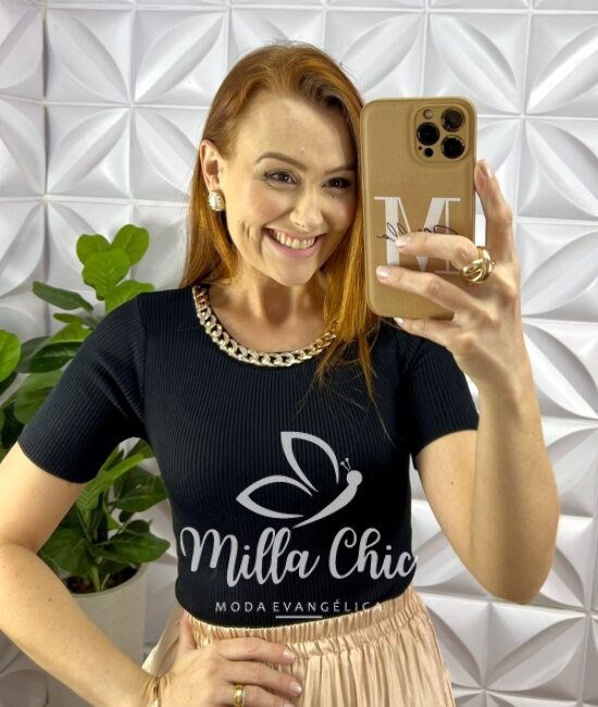 Blusa Tricot Modal Gola U Com Colar Corrente Dourada Estilo Crooped Larissa - Preto - Milla Chic