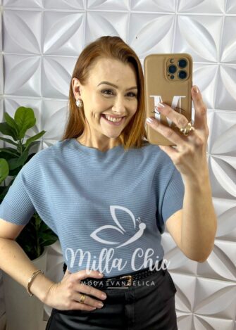 Blusa Tricot Modal Soltinha Com Manga Marcada Gabi - Azul - Milla Chic