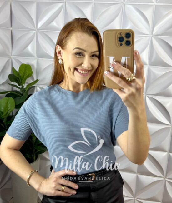 Blusa Tricot Modal Soltinha Com Manga Marcada Gabi - Azul - Milla Chic