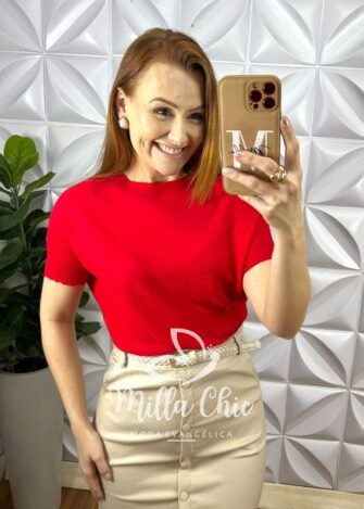 Blusa Tricot Modal Soltinha Com Manga Marcada Gabi - Vermelho - Milla Chic