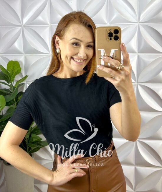 Blusa Tricot Modal Soltinha Com Manga Marcada Gabi - Preto - Milla Chic