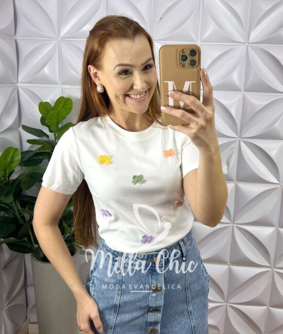 Blusa Tshirt Malha De Algodão Com Laços Bordado Coloridos Lara - Branco - Milla Chic