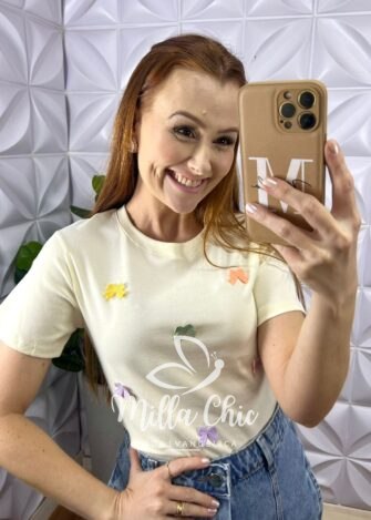 Milla Chic - millachic com br blusa tshirt malha de algodao com lacos bordado coloridos lara branco copia Blusa Tshirt Malha De Algodão Com Laços Bordado Coloridos Lara - Manteiga - Milla Chic