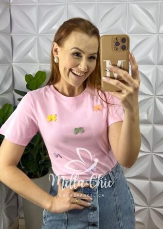 Blusa Tshirt Malha De Algodão Com Laços Bordado Coloridos Lara - Rosa - Milla Chic