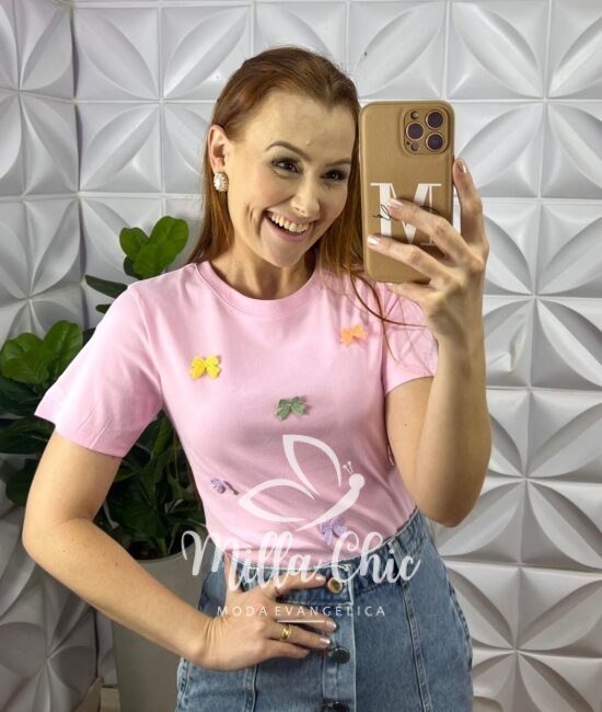 Blusa Tshirt Malha De Algodão Com Laços Bordado Coloridos Lara - Rosa - Milla Chic