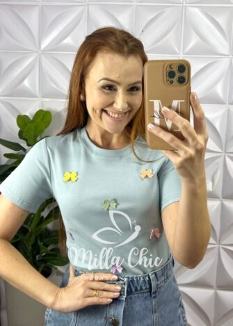 Blusa Tshirt Malha De Algodão Com Laços Bordado Coloridos Lara - Azul - Milla Chic